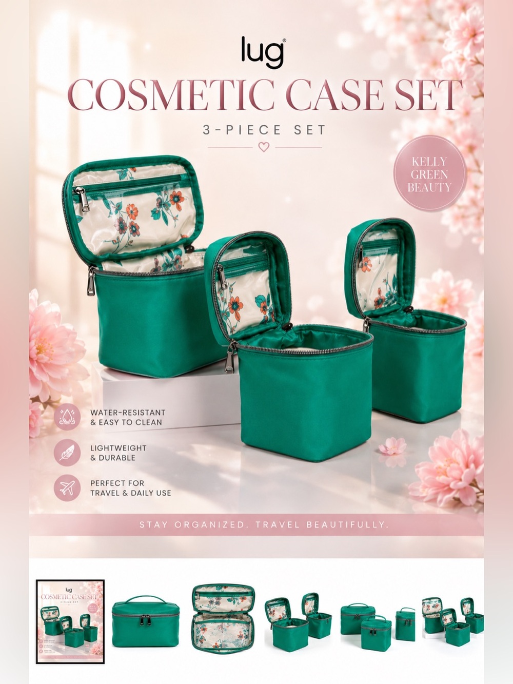 ✨ Lug Dolly Box Top Set of 3 Cosmetic & Toiletry Cases – Kelly Green